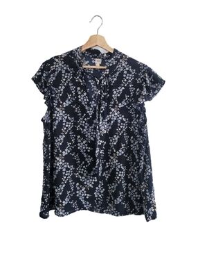 AUTRES FILLES Size 1X Floral Blouse Tie-Neck Navy Ruffle Sleeves Boho-chic